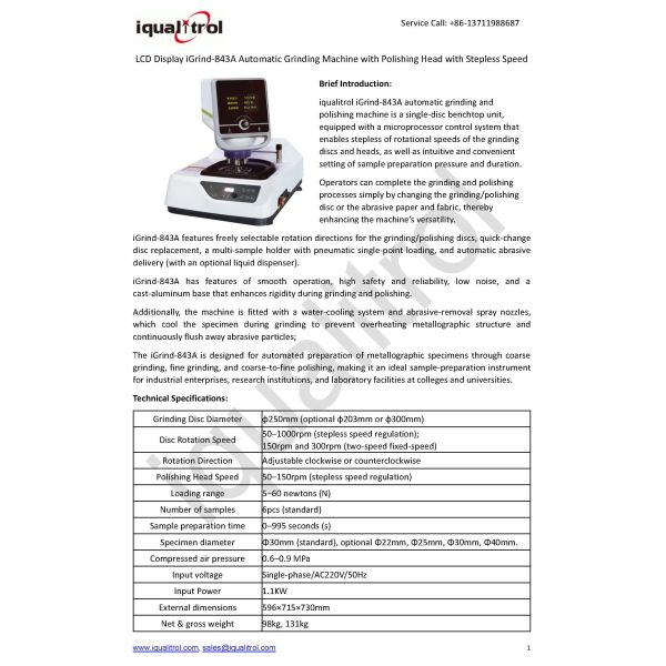 LCD Display iGrind-843A Automatic Grinding Machine with Polishing Head with Stepless Speed