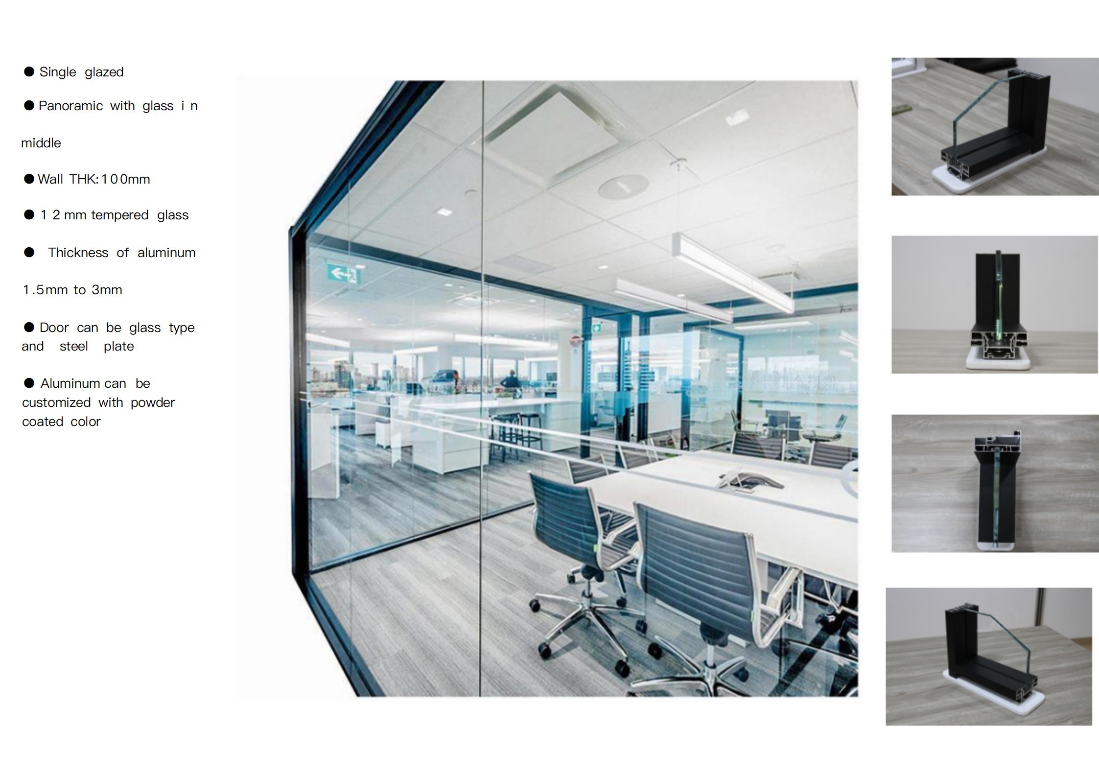 Aluminum Soliding Office Glass Partition Wall Top Supported For Single Glazed
