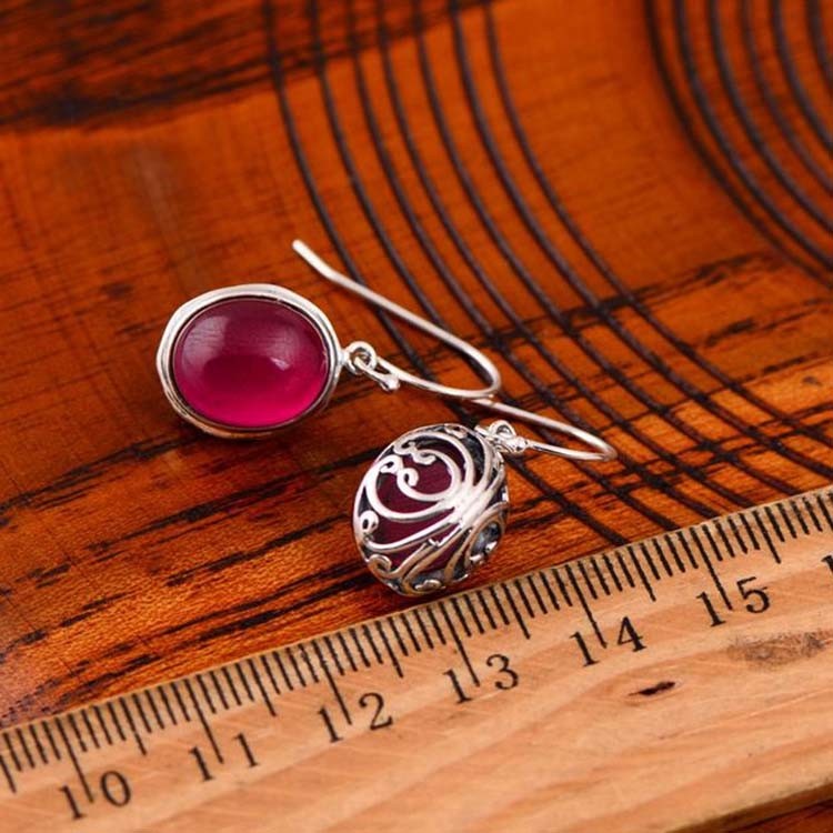 Sterling 925 Silver Synthetic Ruby Pendant Dangle Earrings (019515)