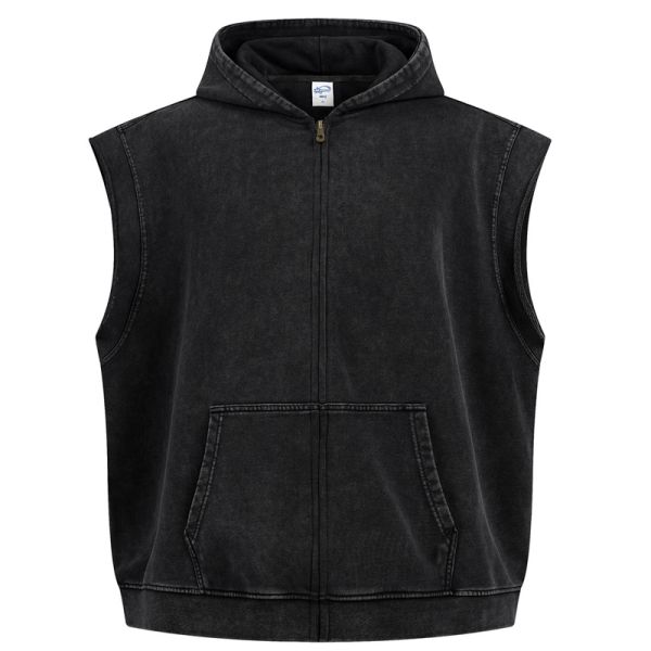 Retro Winter Washed Stir Fried Snowflake Distressed Effect Zipper Loose Edge Shoulder Mouse Bag Heavyweight Hoodie Hooded Vest