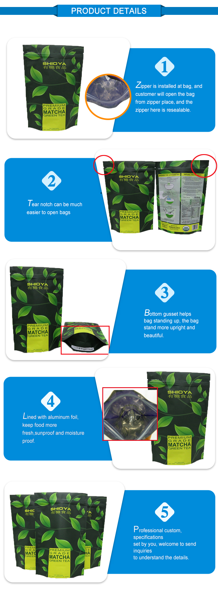 Food Grade Stand Up Pouch Bags Plastic Custom Foil Matte Finish For Tea Packing
