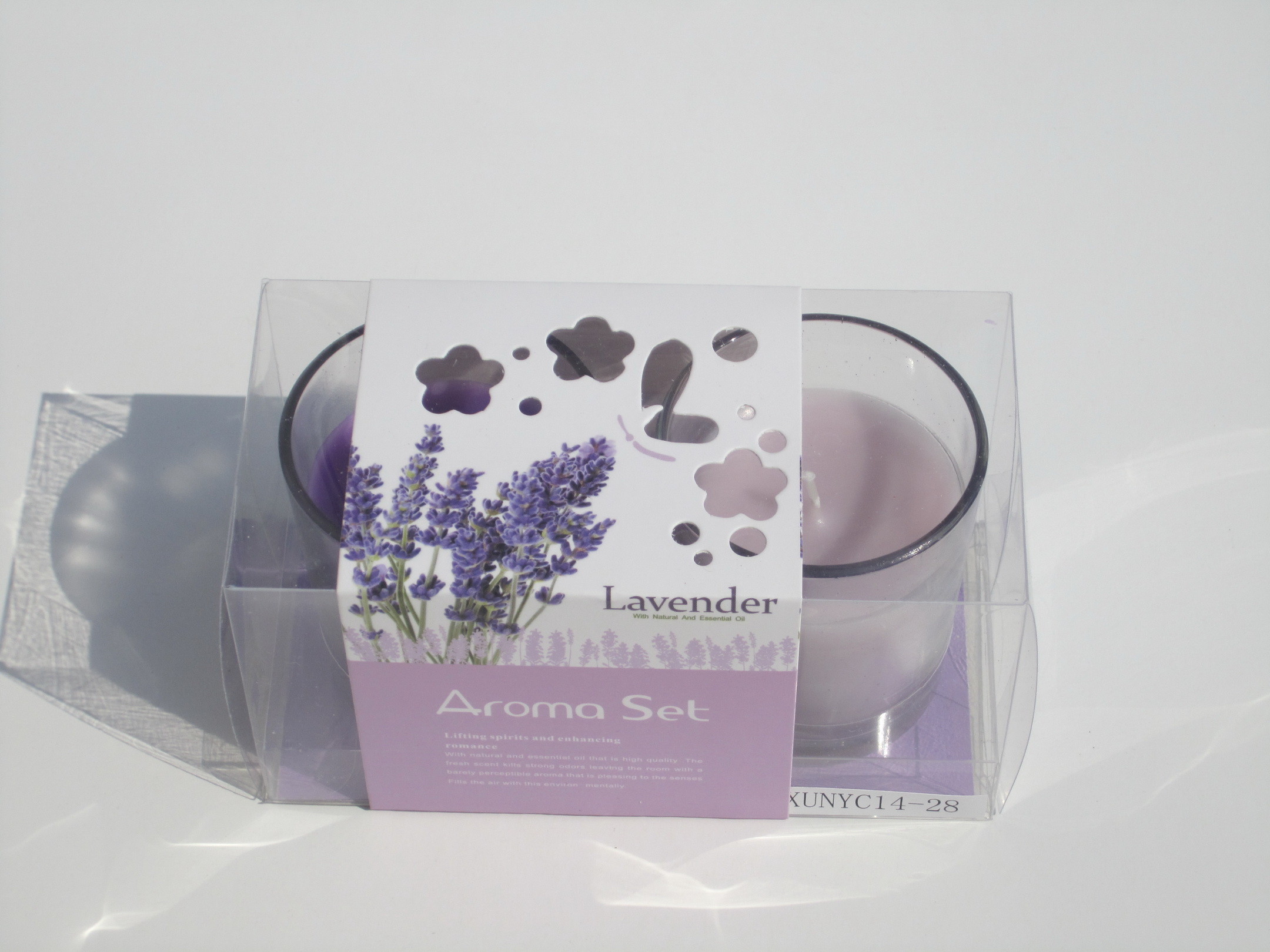 2pk purple & pink lavender fragrance assorted glass candle with printed wrapping label packed into clear box