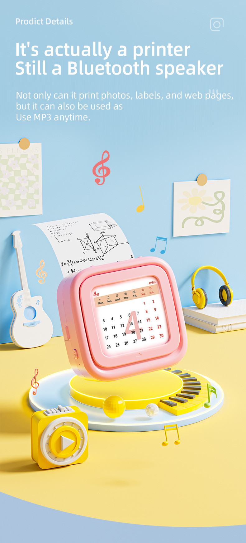 Mini Label Printer BT Connection With MP3 Music Player 1200mah Battery New Design