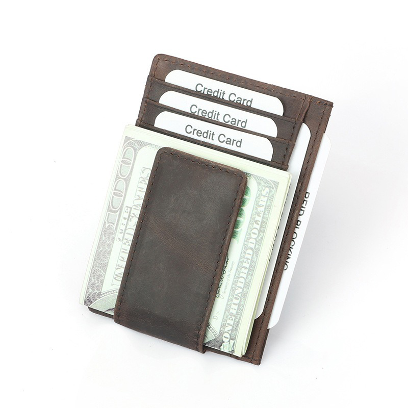 Men's Fashion Genuine Leather Slim Card Holder with Strong Magnet and RFID Blocking