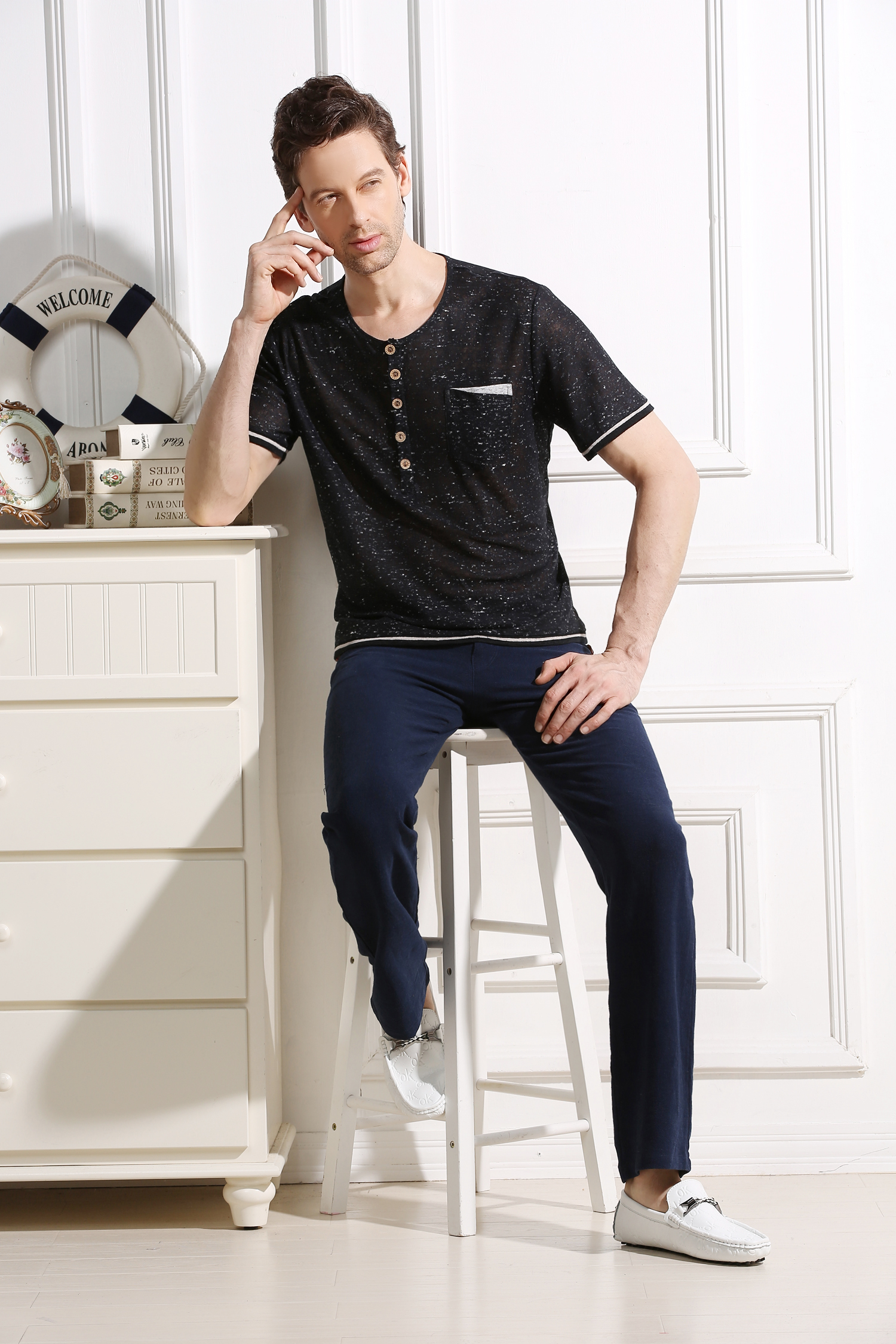 Modern Design Hemp Cotton Clothing Short Sleeve V Neck Shirt 180 Grams Fabric