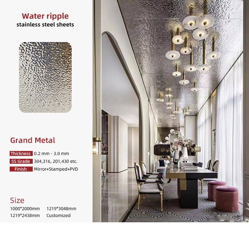 Factory Price 201 304 316 Stamped Finish Water Ripple Stainless Steel Sheet For Ceiling Panel and Wall Cladding