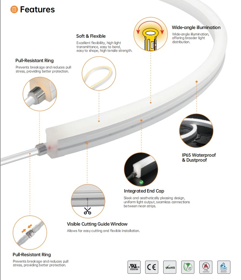IP65 Waterproof LED Neon Flexible Strip With 120° Wide Angle Illumination Soft Bendable Strips