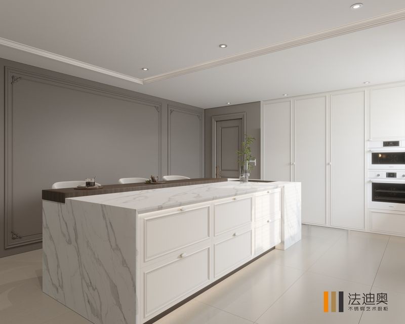 Refined Chic Modern Cream White Stainless Steel Kitchen Cabinetry With Luxurious Marble