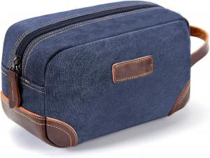 China Bathroom Toiletry Travel Bag For Men , Blue Leather And Canvas Large Dopp Kit wholesale