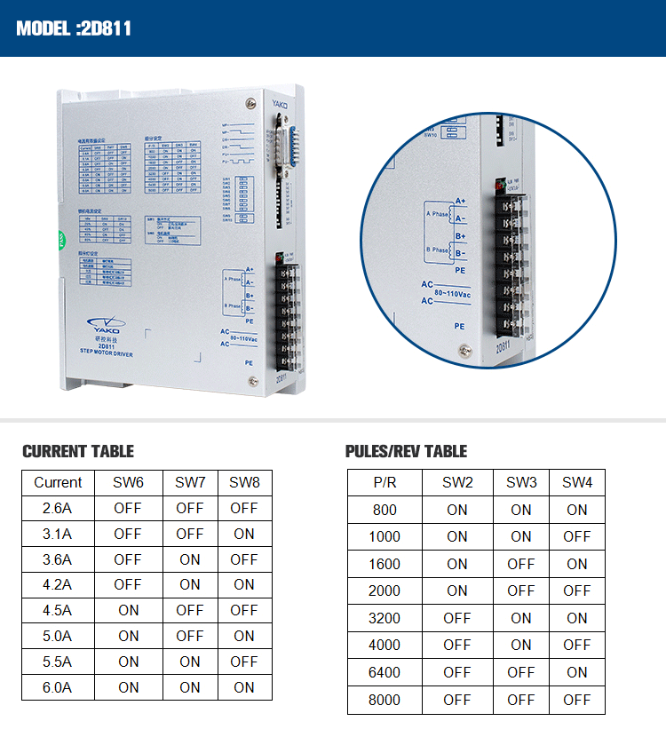 2.4-7.2 Current YAKO 2D811 Micro Stepping Stepper Drivers for High Voltage Efficiency