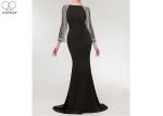 Stretch Fabric Black Long Sleeve Mermaid Prom Dress Tassels Sleeves Sweep Train