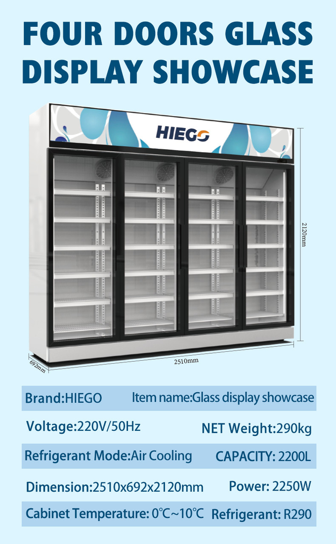 Air Cooling Double Glass Door Display Chiller 980L R290 Single Temperature