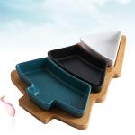 Festive Bamboo Table Tray with Three Removable Ceramic Dishes and Christmas Tree