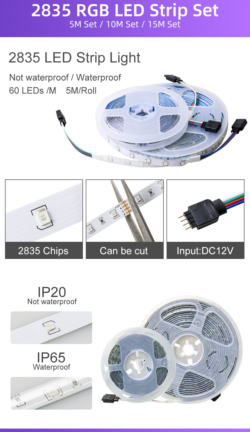 DIY 50 Feet LED Strip Lights , SMD5050 Smart Bluetooth LED Strip Lights