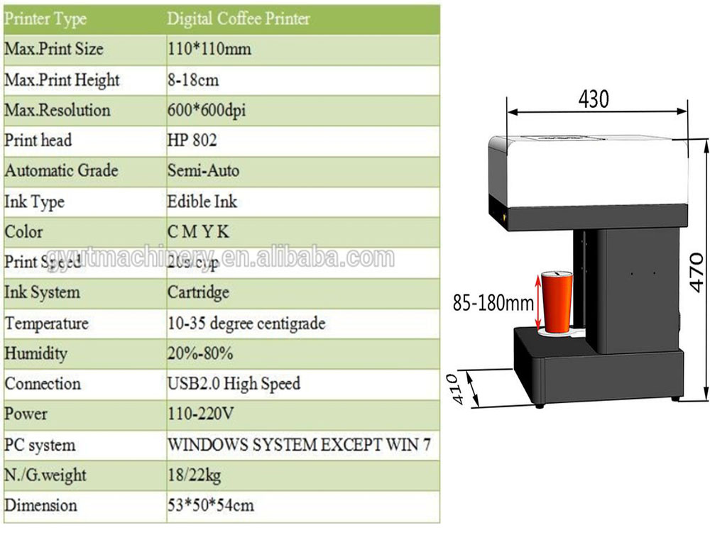 3D Food Cake Coffee Printer with Height Adjust HP 803 Print Head and Free Edible Ink Gift
