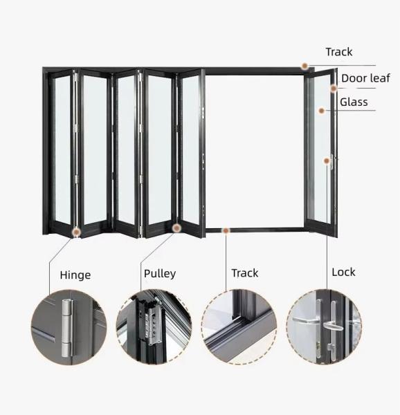 Exterior Aluminum Glass Folding Door Soundproof Air Tight Glass Patio Folding