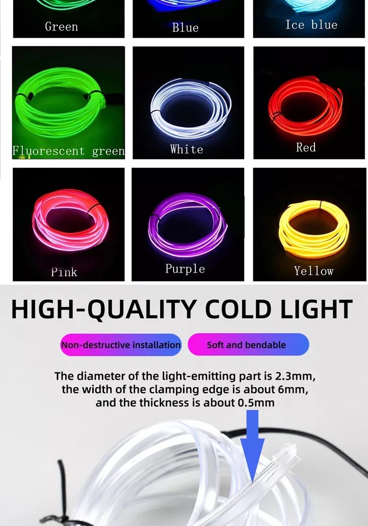 RGB Neon Decorative EL Wire Car Interior Atmosphere Lights USB DIY cold light line