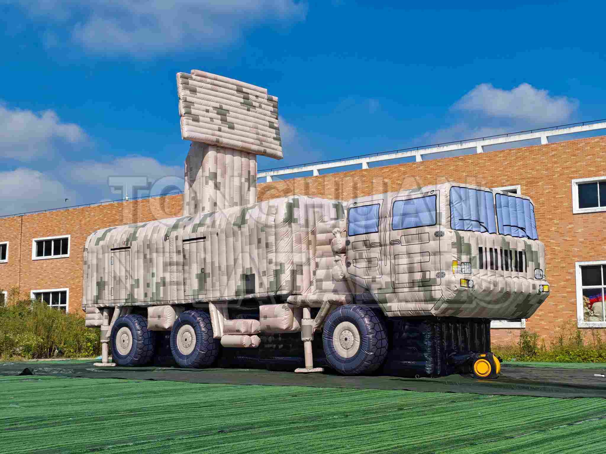 Custom Inflatable Radar Vehicle Decoy with Raised Rectangular Antenna Panel Detailed Truck Body and Camouflage Printing for Training Display Projects