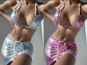 China Special Fabric Three Piece Swimwear Drawstring Backless 3 Piece Bathing Suit wholesale