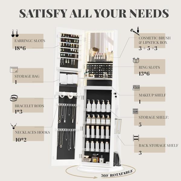 Lockable Jewelry Armoire Mirror with Rectangle Full Length Design, Velvet-Lined Drawers, and Vertical Hooks for Organized Storage