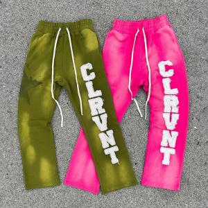 China Designer Sun Faded Embroidery Patch Distressed French Terry Vintage Straight Leg Sweatpants Sweat Pants for Men Custom Logo wholesale