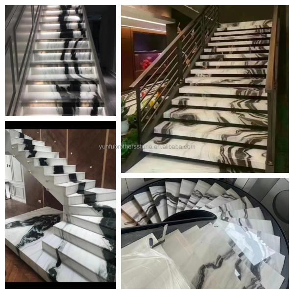 Translucent Chinese Ink Painting Marble Staircase Tiles in Panda White for
