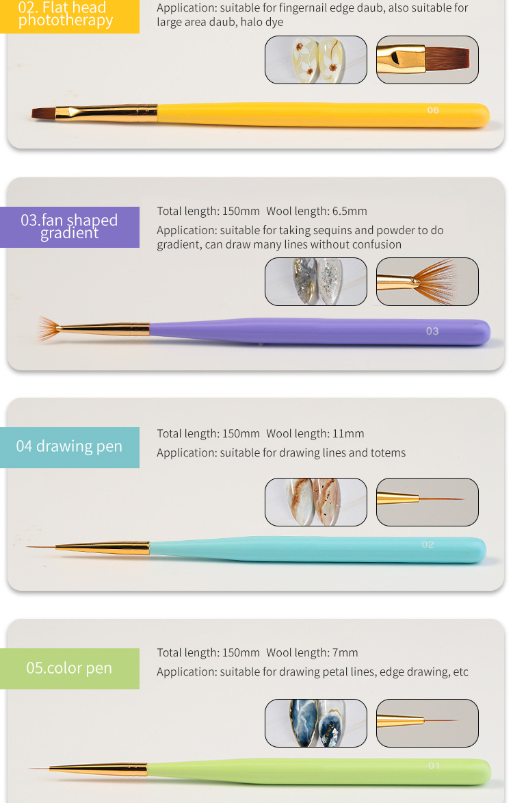 Synthetic Nylon Hair Gel Nail Art Brush 6pcs Nail Art Drawing Pen