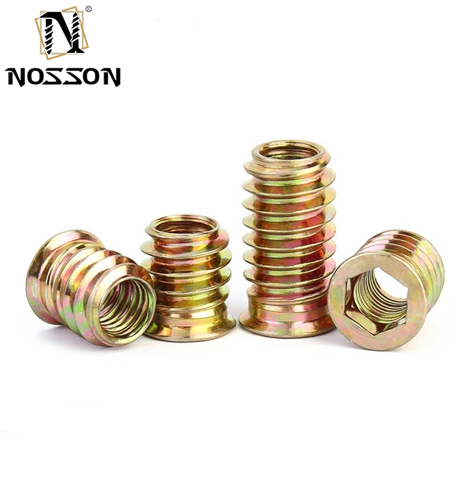 Professional Carbon Steel Hex Socket Thread Wood Nut Thread Inserts DIN Standard Cadmium Plated for Automotive Industry
