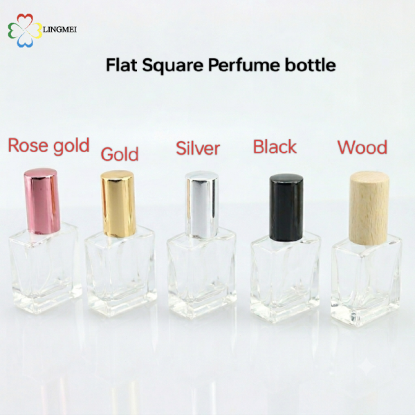 Wholesale Flat Square Glass Perfume Atomizer Bottles | 10ml, 15ml, 30ml Empty Refillable Spray Bottles with Metallic Aluminum& Wooden Caps
