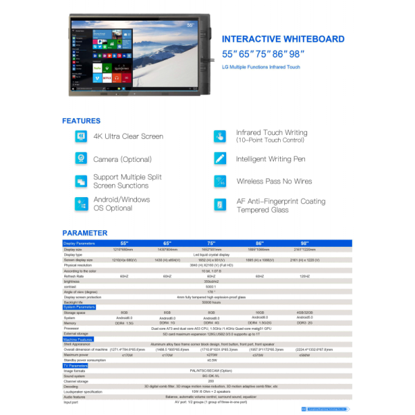 2026 55 Inch 4K Resolution Android Windows LCD 20 Point Touch Screen Interactive Smart Board for School and Office