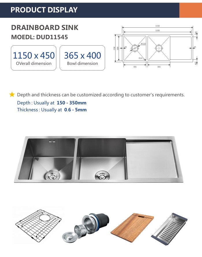 45' Undermount Apron Front Sink With Drainboard Double Bowl 115x45