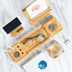 China Sustainable Bamboo Desk Organizer Set With Smartphone Stand Pens And Paper Clips Holder wholesale