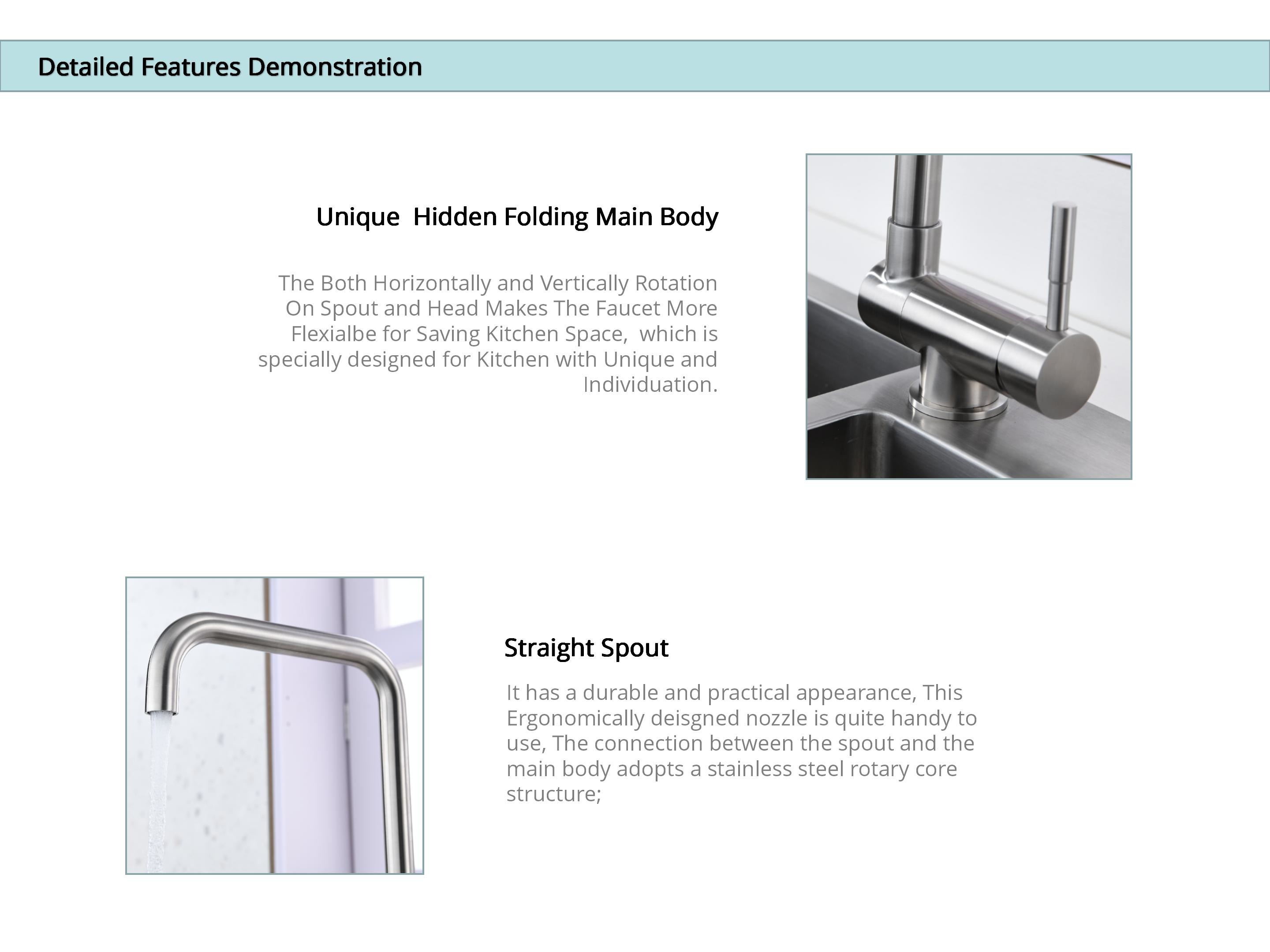 Angled Spout Kitchen Basin Taps 18/10 Stainless Steel Hidden Kitchen Faucet
