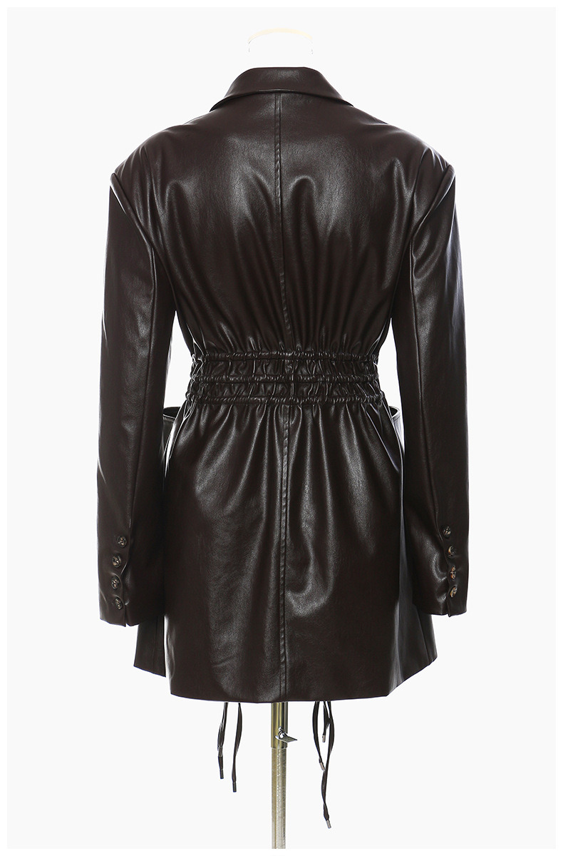 Breathable Women Fashion Drawstring Oversized Midi Winter Pockets Long Leather Jacket Coat PU Jackets