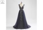 Long Tail A Line Ball Gown Navy Blue V Neck No Arm Backless Heavy Beading Tulle