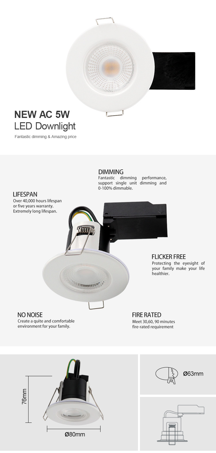 Dimmable Mini AC 230V 3000K Slim LED Downlight Flicker Free