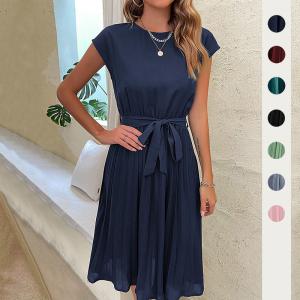 China                  New European and American Skirt Summer Vacation Women′s Lace up Solid Color Pleated Dress              on sale