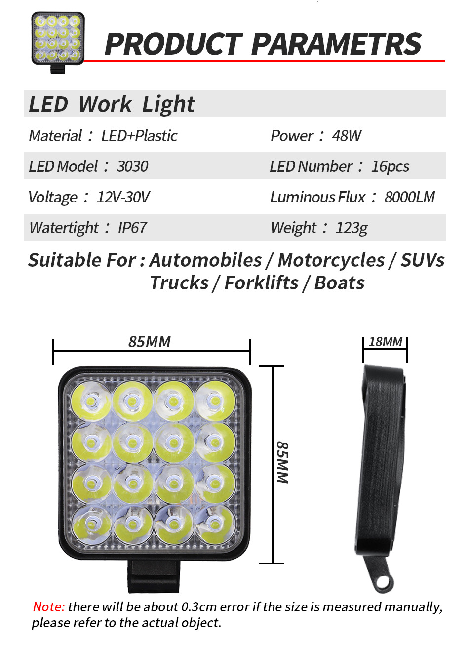 48W Square Vehicle LED Work Lights Bright 16 Leds Car Led Worklight