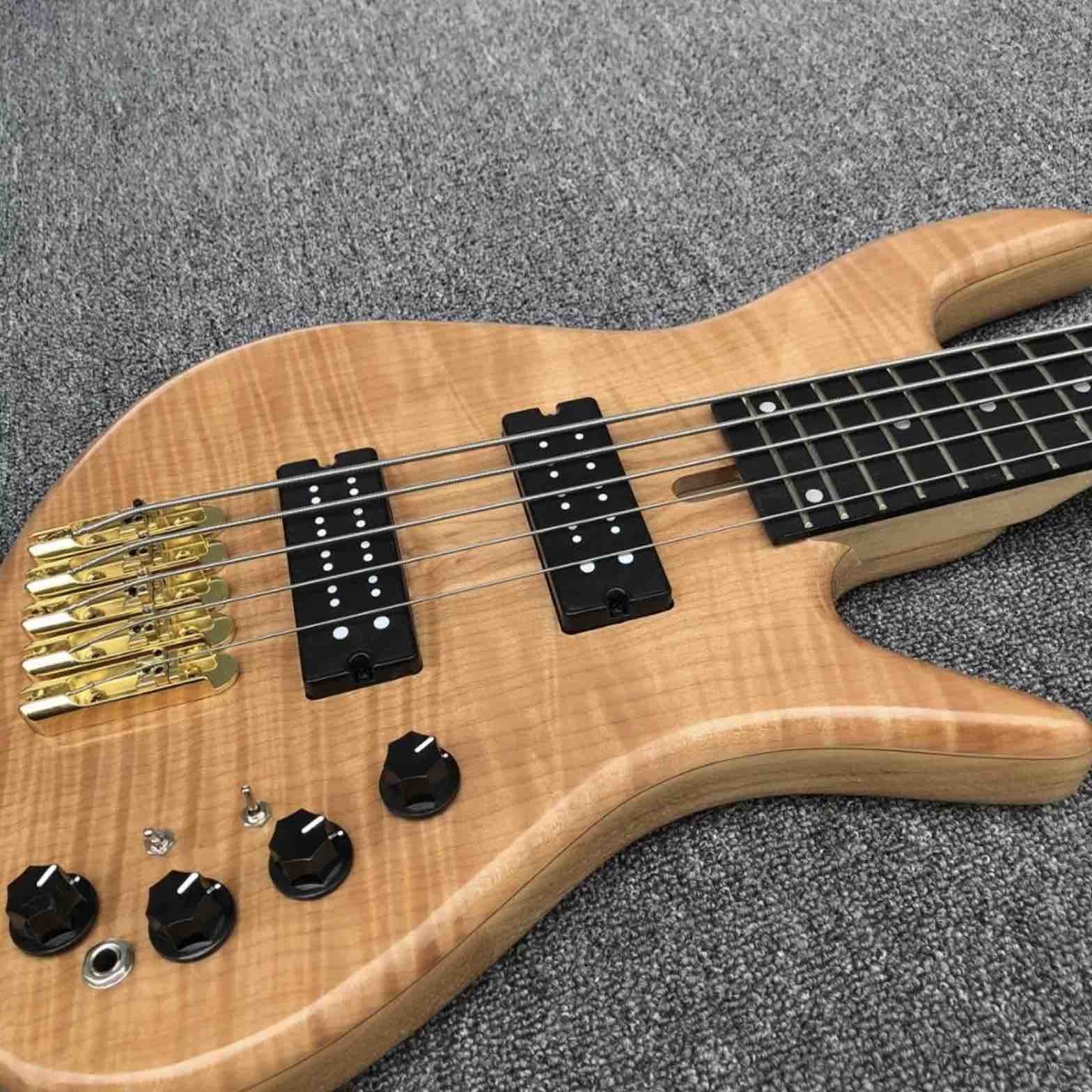 Solid Flame Maple Top 5 Strings Bass Guitar Ebony Fingerboard Custom Gold Hardware Ash Wood Electric Bass