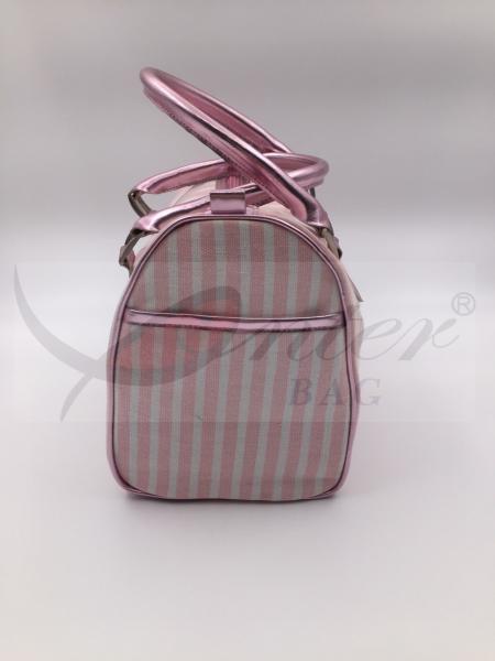 Round Type Design Travel Tote Bags For Women Pink Stripe Two Stylish PU Handle