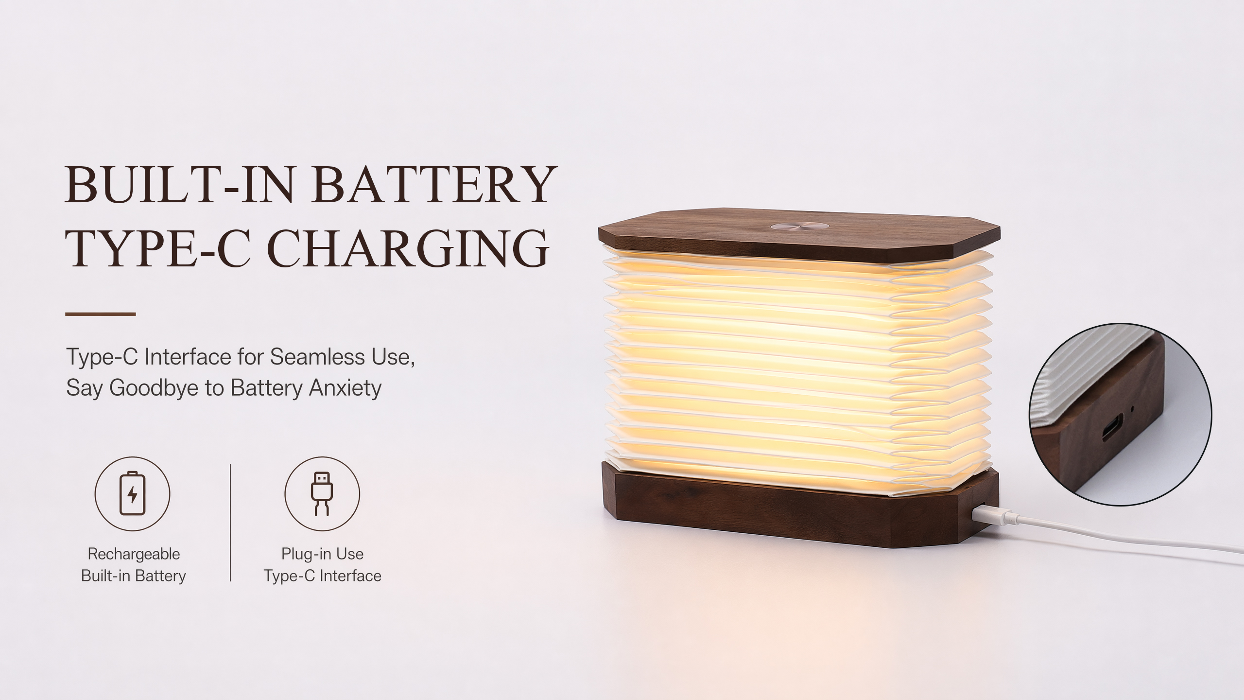 Solid Hardwood Base Rectangular Folding Paper Light Vertical Expandable Lamp with Premium Paper Shade USB Rechargeable