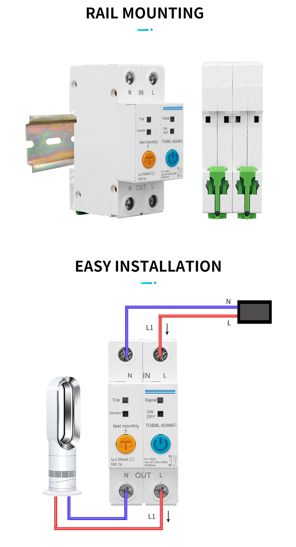 Intelligent WIFI Circuit Breaker with 2Poles 63A