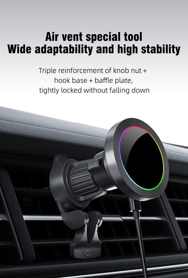 Adjustable RGB Light Effect Wireless Charging Station For Car Phone Holder With One Hand Operation