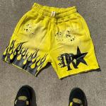 Blue Black Acid Wash Shorts Yellow Drawstring Closure Graphic Print Cotton