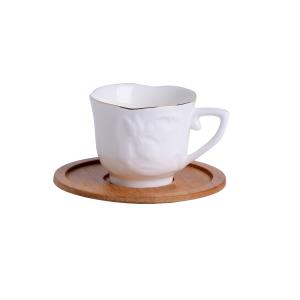 China Embossed Porcelain Cup Set White Turkish Espresso Coffee Cups With Bamboo Saucers wholesale