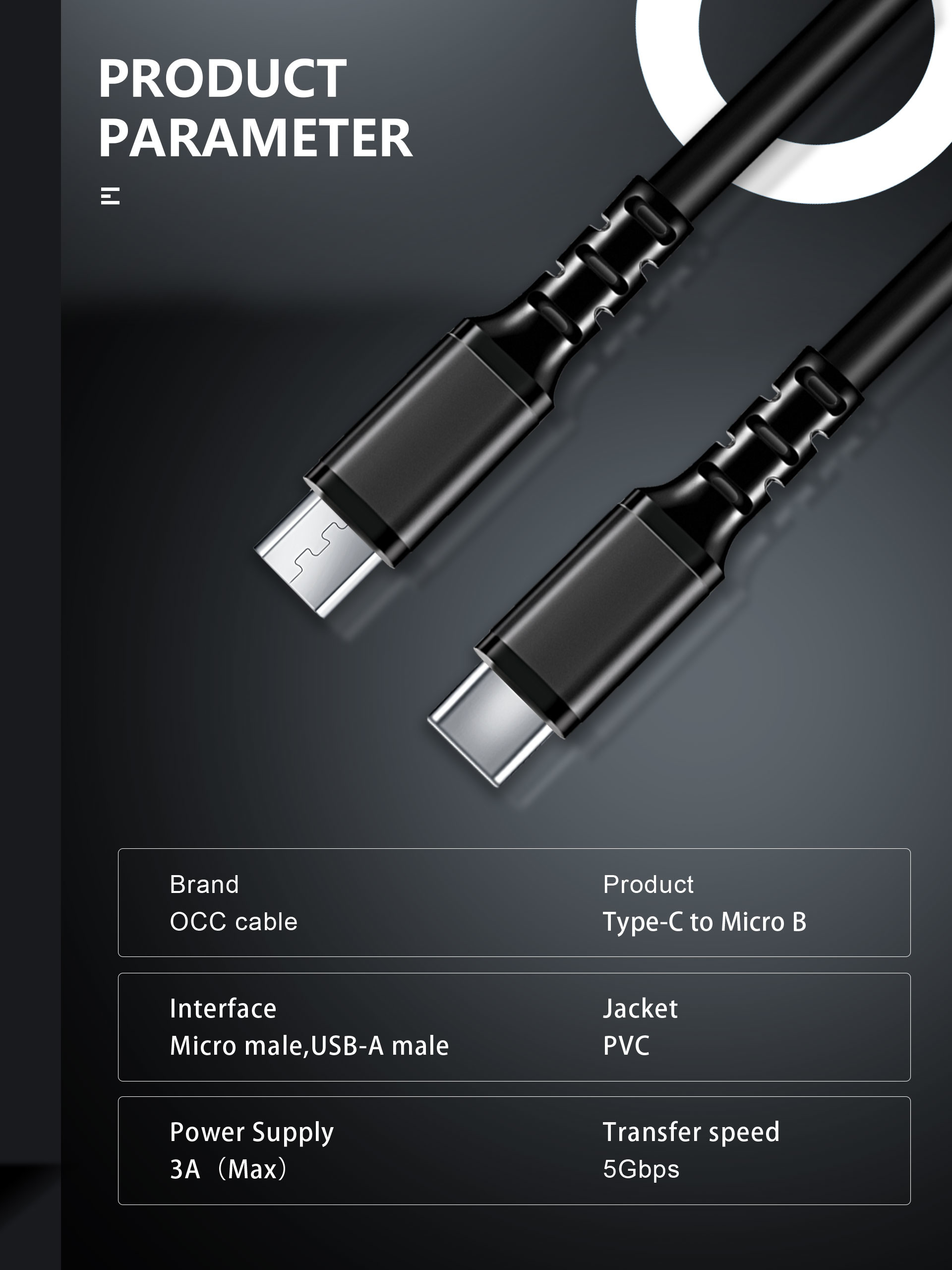 2A 3Feet Black Data USB Cable , CE ROHS USB C To Micro USB Cable