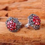 Thai Silver Jewelry 925 Silver Red Cubic Zirconia Marcasite Stud Earrings