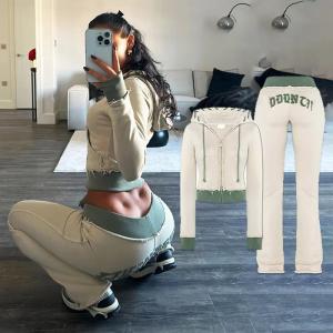 China Custom Embroidery Distressed Crop Top Hoodie Joggers Set Womens Two Piece Set wholesale