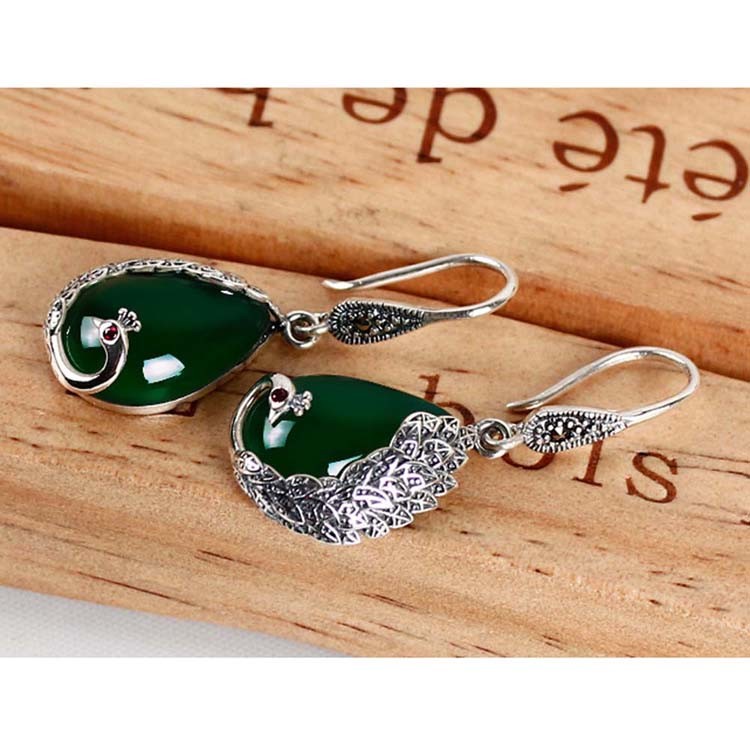 Thai Sterling Silver Green Chalcedony Drop Retro Earrings (E170619GREEN)