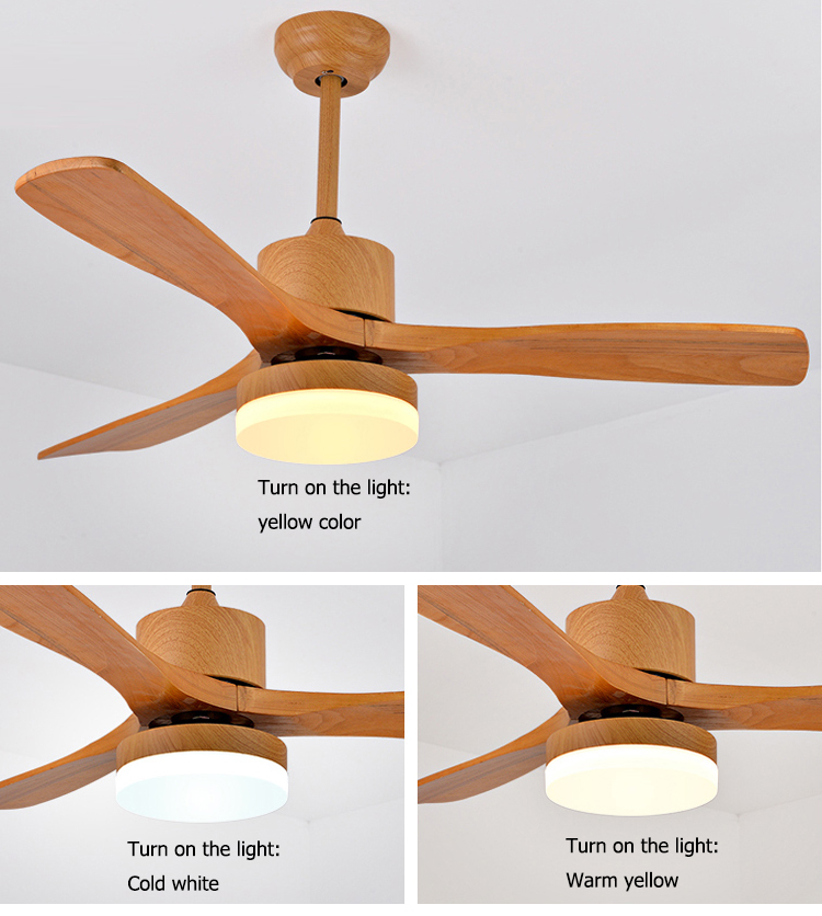 1stshine 220V DC 52" Solid Wood Blades Ceiling Fan with Light and 3 Color LED Light